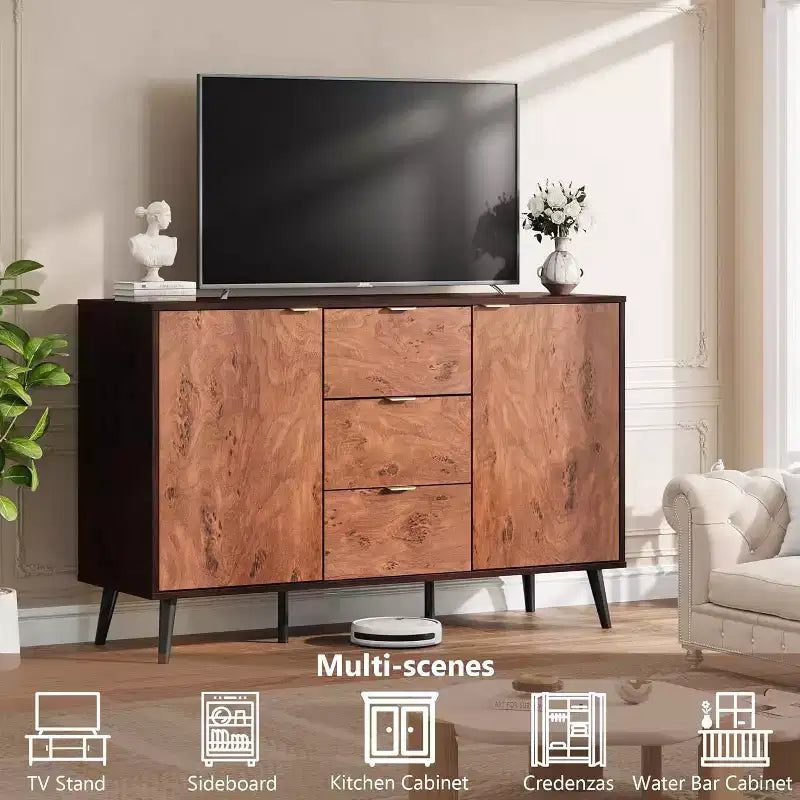 Meuble buffet en noyer de 130 cm avec 3 tiroirs, grand bahut de rangement avec portes et étagères, poignées en métal, compatible robot aspirateur