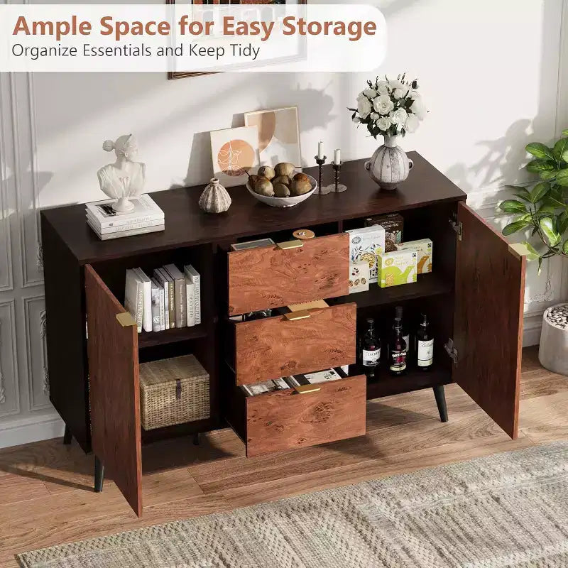 Meuble buffet en noyer de 130 cm avec 3 tiroirs, grand bahut de rangement avec portes et étagères, poignées en métal, compatible robot aspirateur
