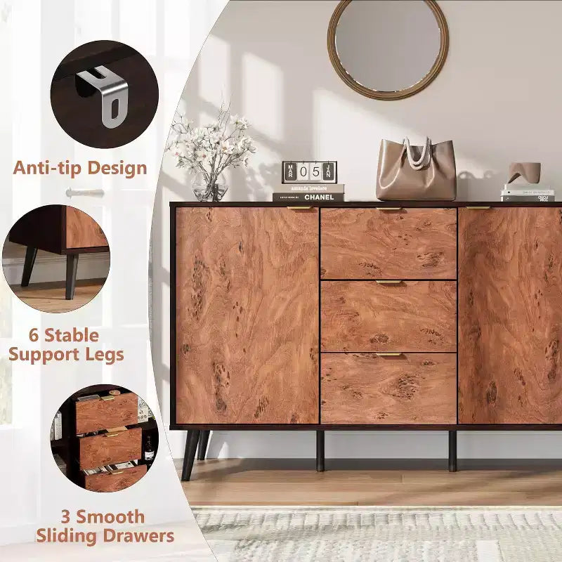 Meuble buffet en noyer de 130 cm avec 3 tiroirs, grand bahut de rangement avec portes et étagères, poignées en métal, compatible robot aspirateur