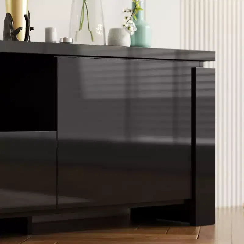 Meuble TV noir moderne avec éclairage d'ambiance : design épuré, rangement et lumière d'ambiance pour salons, centre de divertissement, console média
