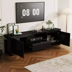 Meuble TV noir moderne avec éclairage d'ambiance : design épuré, rangement et lumière d'ambiance pour salons, centre de divertissement, console média