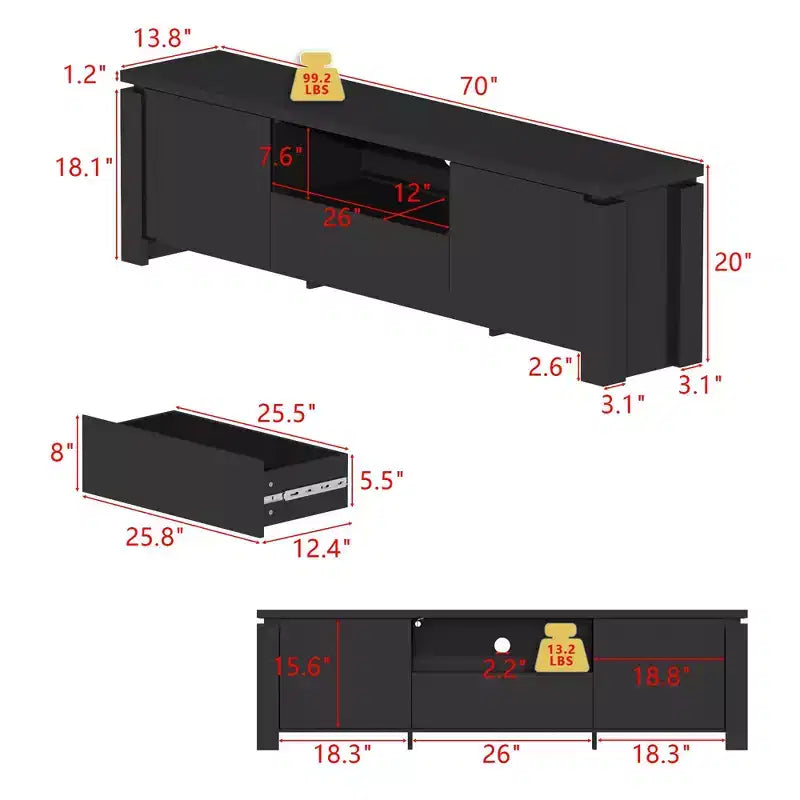 Meuble TV noir moderne avec éclairage d'ambiance : design épuré, rangement et lumière d'ambiance pour salons, centre de divertissement, console média