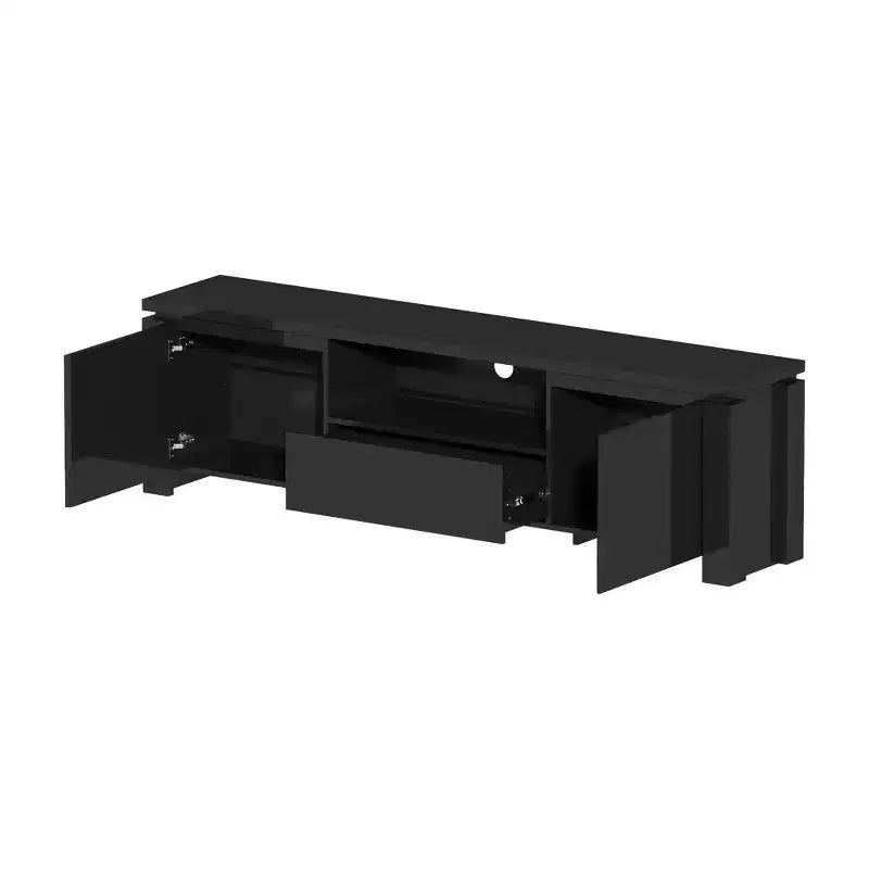 Meuble TV noir moderne avec éclairage d'ambiance : design épuré, rangement et lumière d'ambiance pour salons, centre de divertissement, console média
