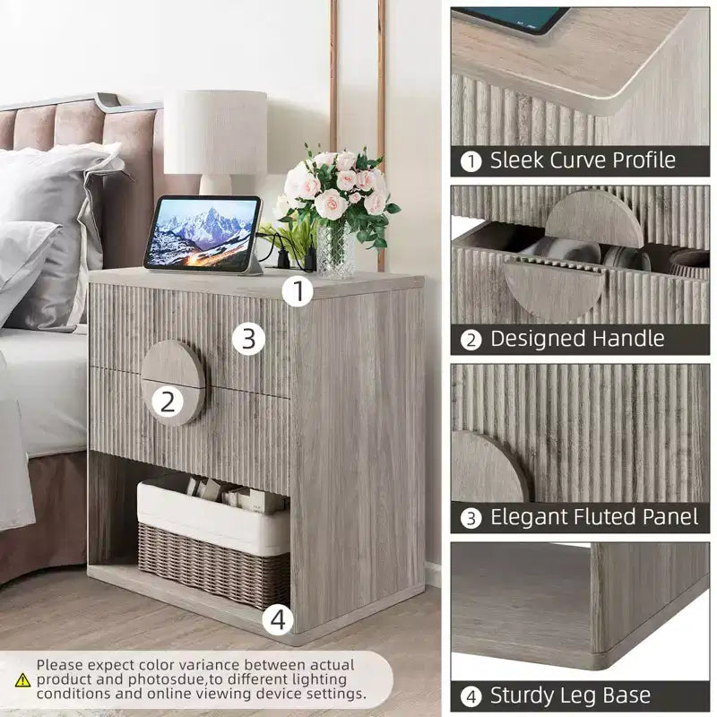 Table de chevet en panneau de fibres de densité avec motif ondulé, construction durable, design moderne, peu encombrant, montage facile