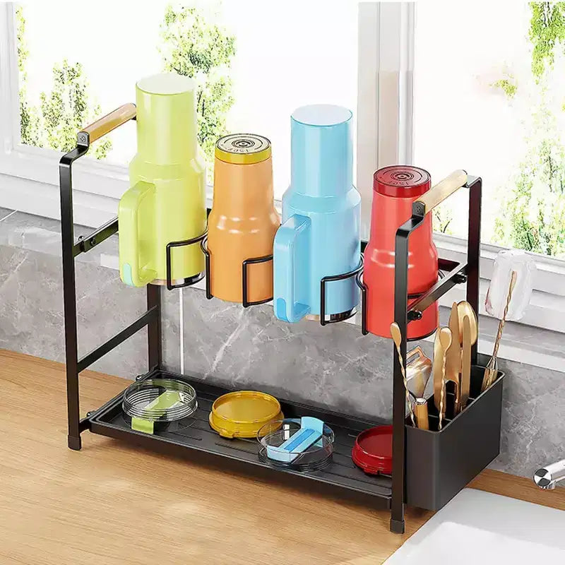 Organisateur et support de bouteilles d'eau, support de rangement double couche pour bouteilles d'eau en acier au carbone, égouttoir à tasses avec plateau pour comptoirs de cuisine et placards.