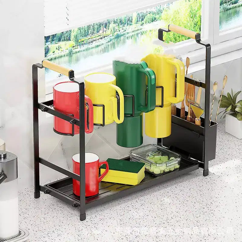 Organisateur et support de bouteilles d'eau, support de rangement double couche pour bouteilles d'eau en acier au carbone, égouttoir à tasses avec plateau pour comptoirs de cuisine et placards.