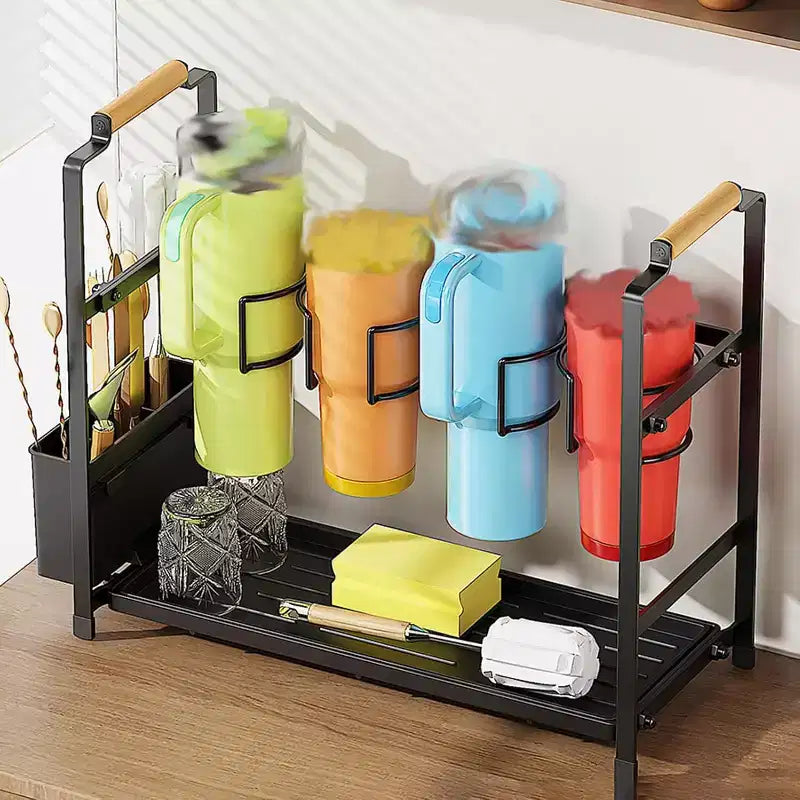 Organisateur et support de bouteilles d'eau, support de rangement double couche pour bouteilles d'eau en acier au carbone, égouttoir à tasses avec plateau pour comptoirs de cuisine et placards.