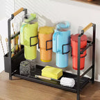 Organisateur et support de bouteilles d'eau, support de rangement double couche pour bouteilles d'eau en acier au carbone, égouttoir à tasses avec plateau pour comptoirs de cuisine et placards.