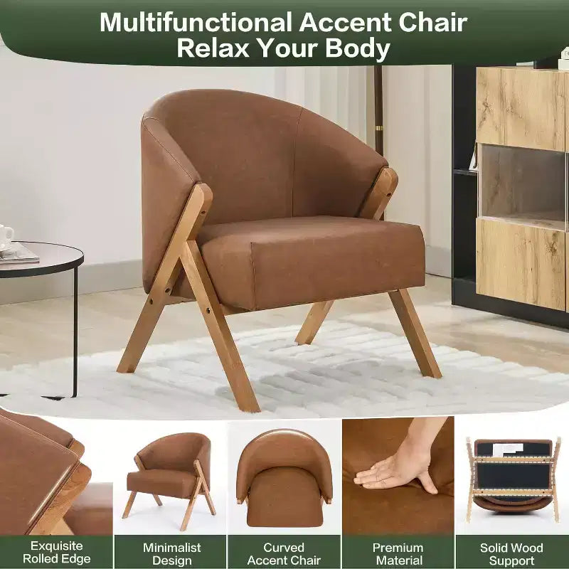 Fauteuil d'appoint Mid-Century, velours Teddy, lin, cuir PU avec cadre en bois 1 pièce