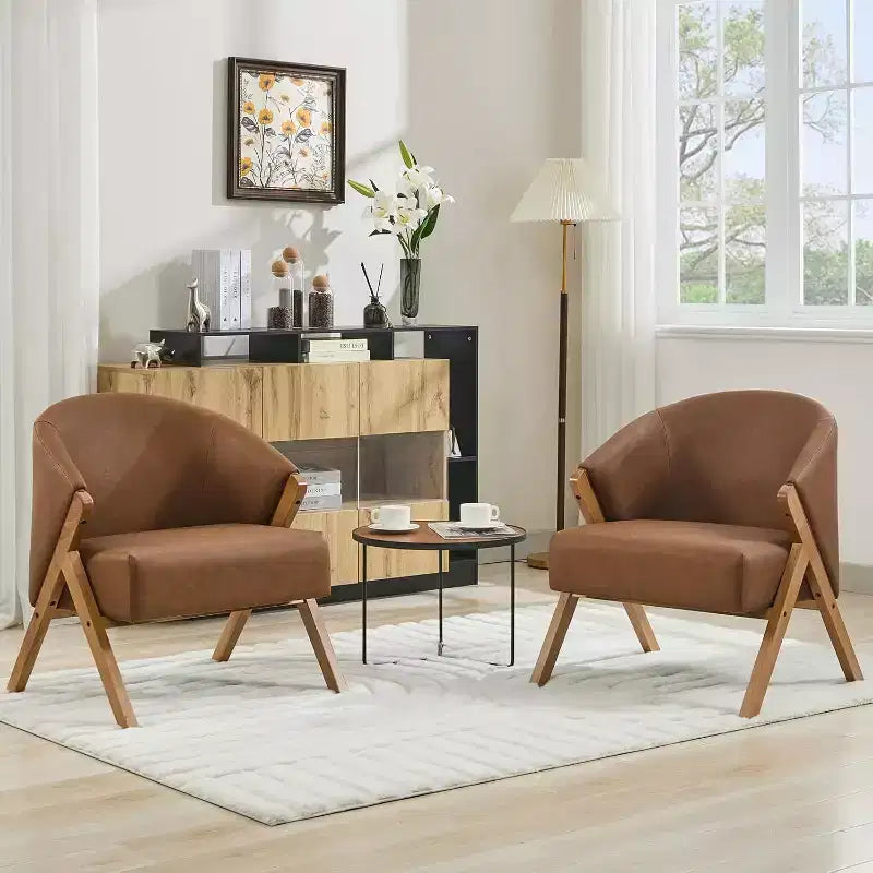 Fauteuil d'appoint Mid-Century, velours Teddy, lin, cuir PU avec cadre en bois 1 pièce