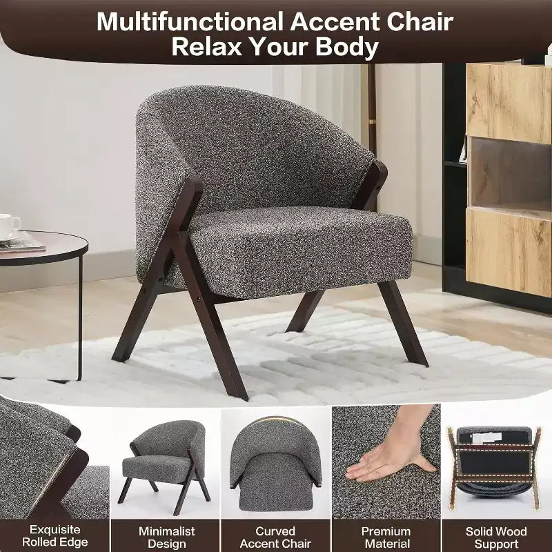 Fauteuil d'appoint Mid-Century, velours Teddy, lin, cuir PU avec cadre en bois 1 pièce