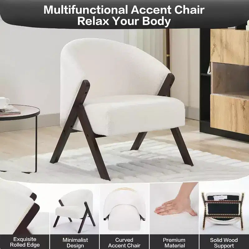 Fauteuil d'appoint Mid-Century, velours Teddy, lin, cuir PU avec cadre en bois 1 pièce