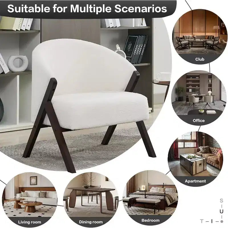 Fauteuil d'appoint Mid-Century, velours Teddy, lin, cuir PU avec cadre en bois 1 pièce