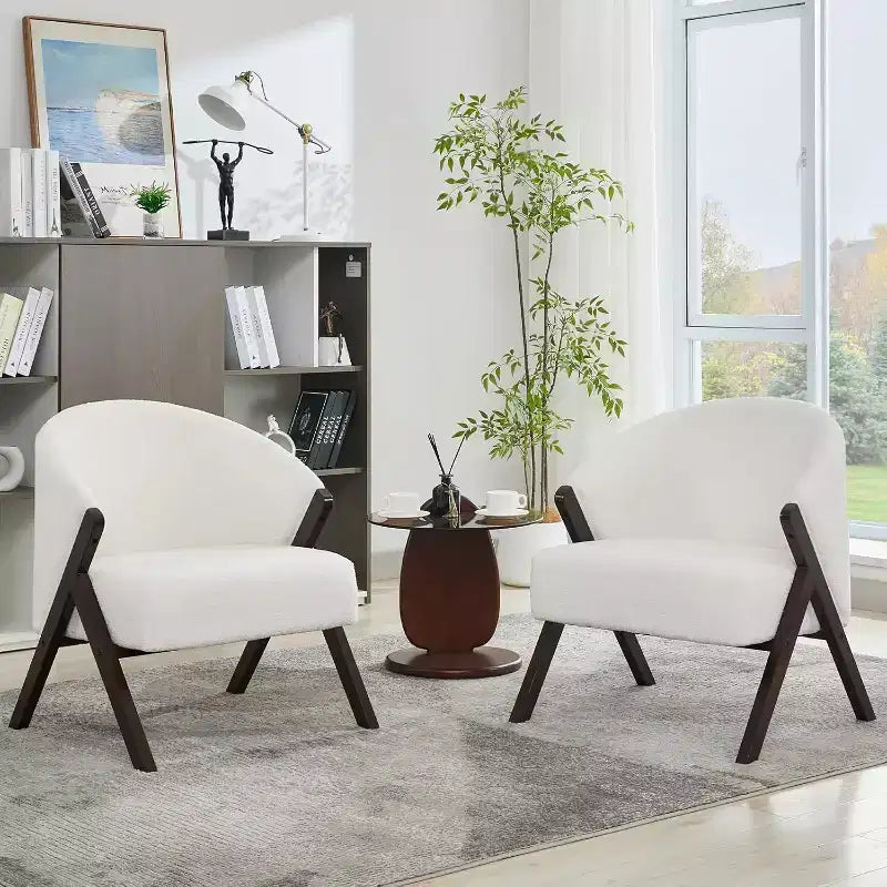 Fauteuil d'appoint Mid-Century, velours Teddy, lin, cuir PU avec cadre en bois 1 pièce