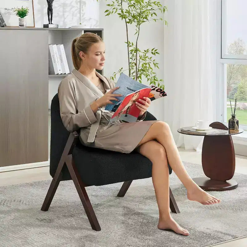 Fauteuil d'appoint Mid-Century, velours Teddy, lin, cuir PU avec cadre en bois 1 pièce