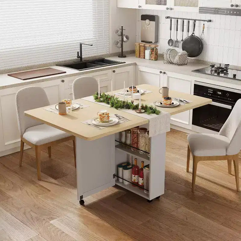 Table à manger pliante peu encombrante avec rangement - Table de cuisine à 6 roulettes (dont 4 verrouillables) + tiroir et étagères, compacte pour les petits espaces