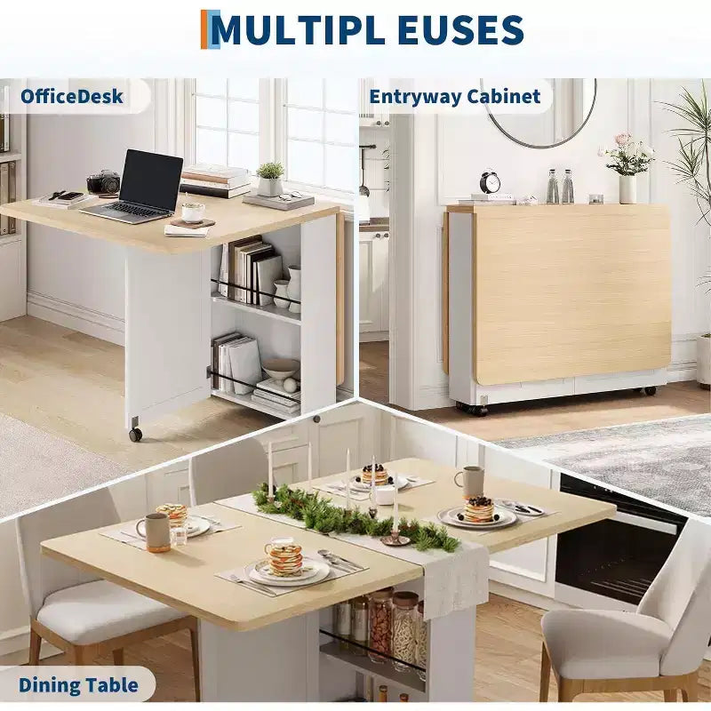 Table à manger pliante peu encombrante avec rangement - Table de cuisine à 6 roulettes (dont 4 verrouillables) + tiroir et étagères, compacte pour les petits espaces