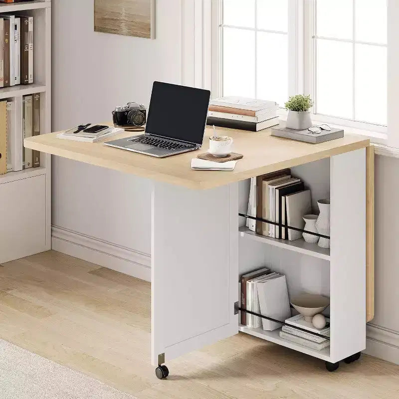 Table à manger pliante peu encombrante avec rangement - Table de cuisine à 6 roulettes (dont 4 verrouillables) + tiroir et étagères, compacte pour les petits espaces