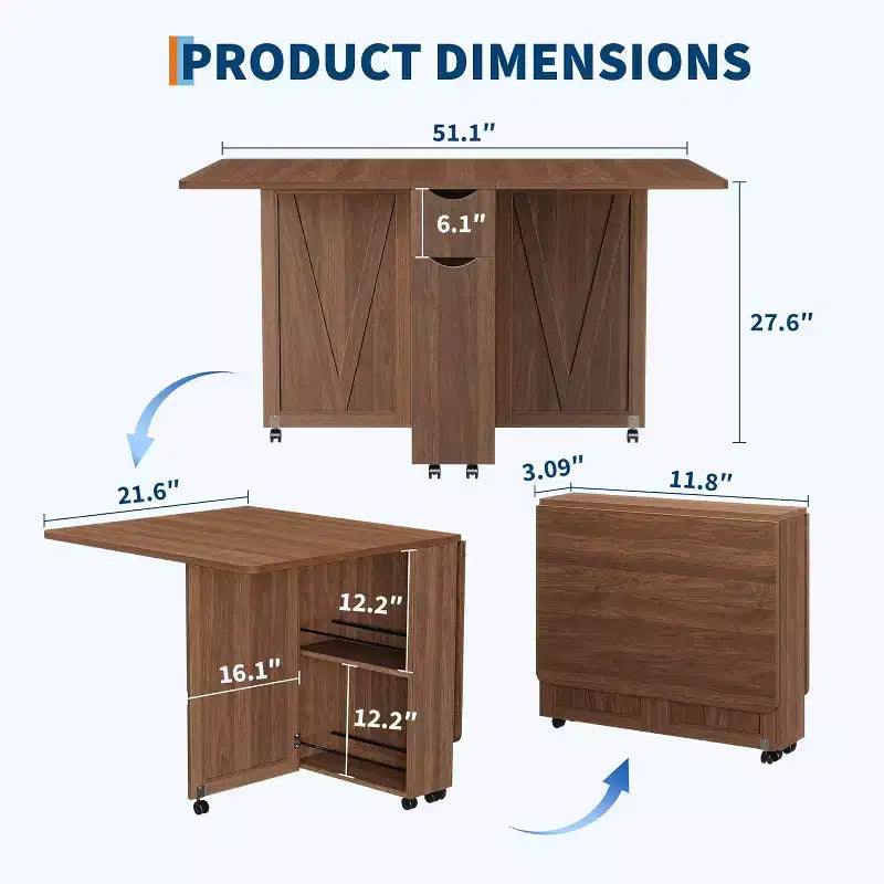Table à manger pliante peu encombrante avec rangement - Table de cuisine à 6 roulettes (dont 4 verrouillables) + tiroir et étagères, compacte pour les petits espaces