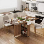 Table à manger pliante peu encombrante avec rangement - Table de cuisine à 6 roulettes (dont 4 verrouillables) + tiroir et étagères, compacte pour les petits espaces