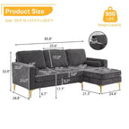 Canapé 3 places en velours côtelé, accoudoirs carrés, forme en U, capitonné, beige, 85,8 po l.