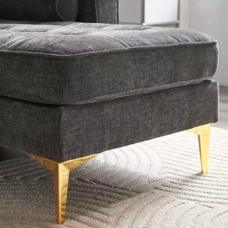 Canapé 3 places en velours côtelé, accoudoirs carrés, forme en U, capitonné, beige, 85,8 po l.
