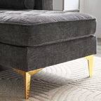 Canapé 3 places en velours côtelé, accoudoirs carrés, forme en U, capitonné, beige, 85,8 po l.