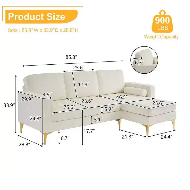 Canapé 3 places en velours côtelé, accoudoirs carrés, forme en U, capitonné, beige, 85,8 po l.