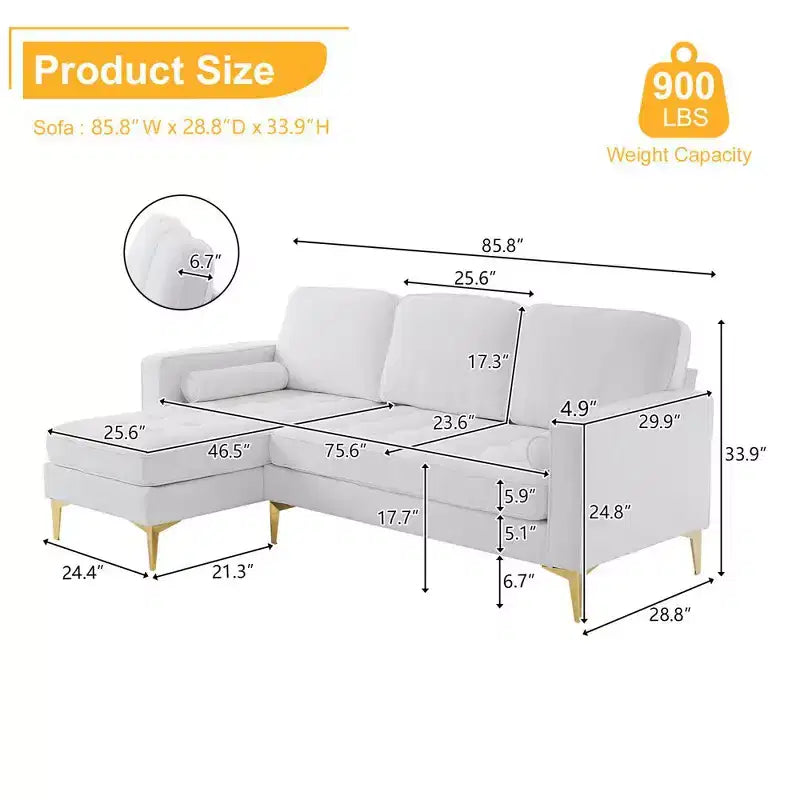 Canapé 3 places en velours côtelé, accoudoirs carrés, forme en U, capitonné, beige, 85,8 po l.
