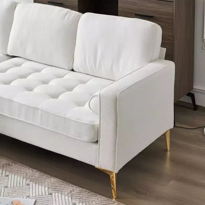 Canapé 3 places en velours côtelé, accoudoirs carrés, forme en U, capitonné, beige, 85,8 po l.