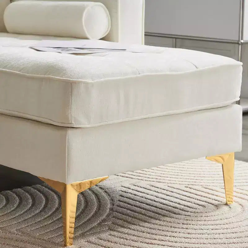 Canapé 3 places en velours côtelé, accoudoirs carrés, forme en U, capitonné, beige, 85,8 po l.