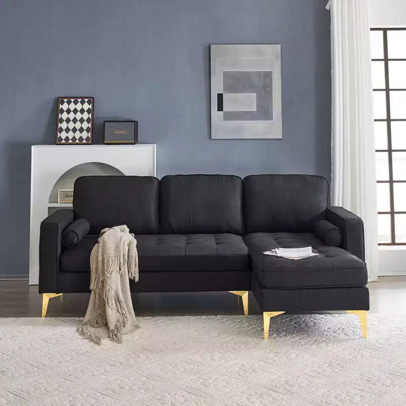 Canapé 3 places en velours côtelé, accoudoirs carrés, forme en U, capitonné, beige, 85,8 po l.