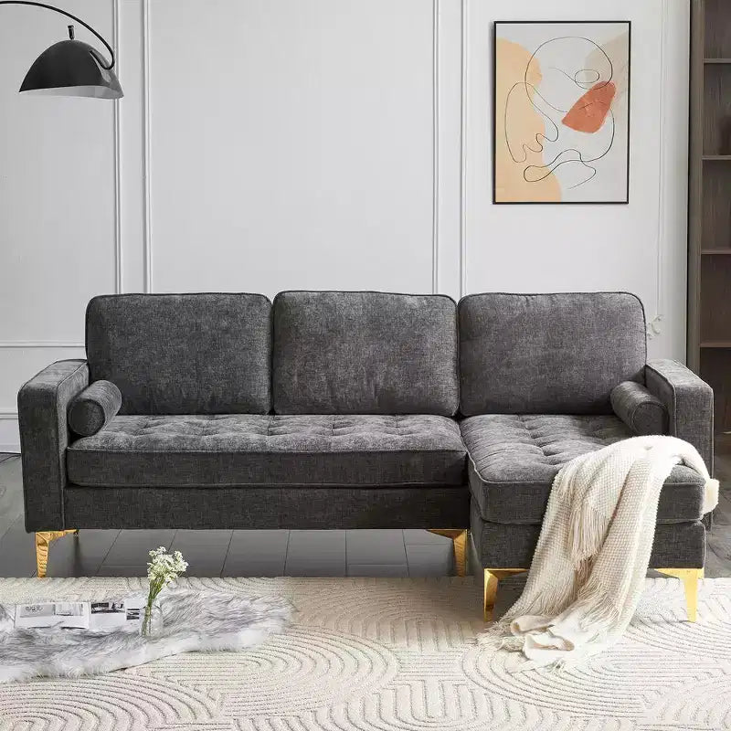 Canapé 3 places en velours côtelé, accoudoirs carrés, forme en U, capitonné, beige, 85,8 po l.