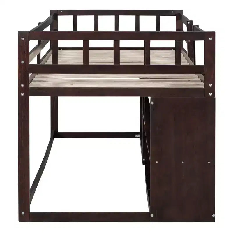 Lit mezzanine bas avec bureau roulant et étagères de rangement, lits superposés en bois de taille double avec 2 tiroirs et tableau noir pour enfants