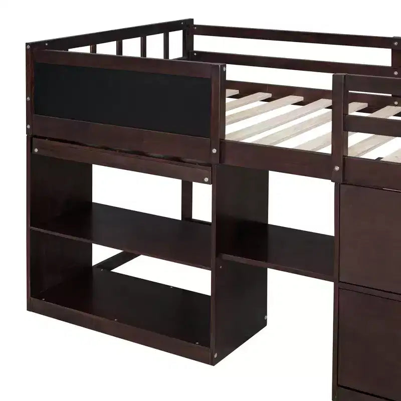 Lit mezzanine bas avec bureau roulant et étagères de rangement, lits superposés en bois de taille double avec 2 tiroirs et tableau noir pour enfants