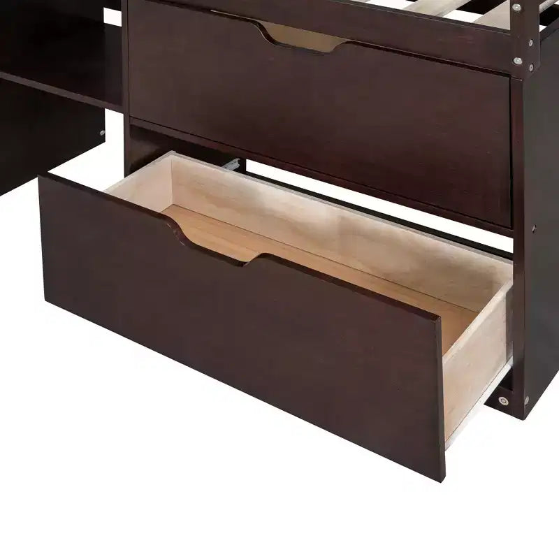 Lit mezzanine bas avec bureau roulant et étagères de rangement, lits superposés en bois de taille double avec 2 tiroirs et tableau noir pour enfants