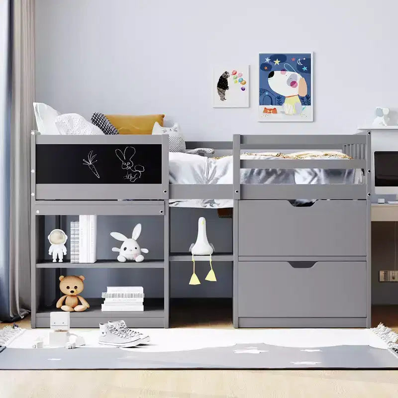 Lit mezzanine bas avec bureau roulant et étagères de rangement, lits superposés en bois de taille double avec 2 tiroirs et tableau noir pour enfants