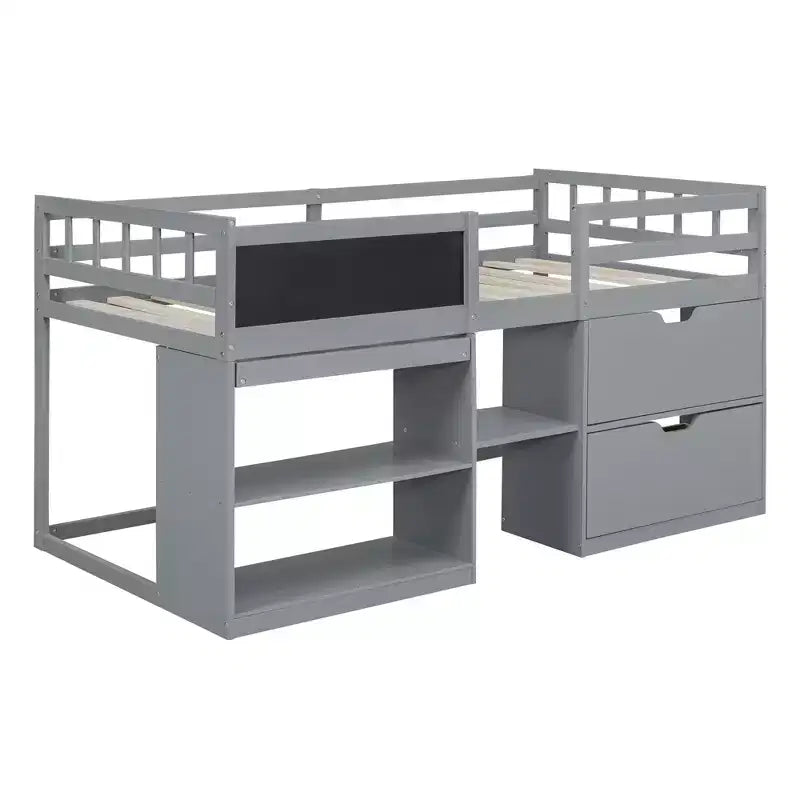 Lit mezzanine bas avec bureau roulant et étagères de rangement, lits superposés en bois de taille double avec 2 tiroirs et tableau noir pour enfants