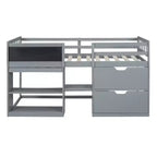 Lit mezzanine bas avec bureau roulant et étagères de rangement, lits superposés en bois de taille double avec 2 tiroirs et tableau noir pour enfants