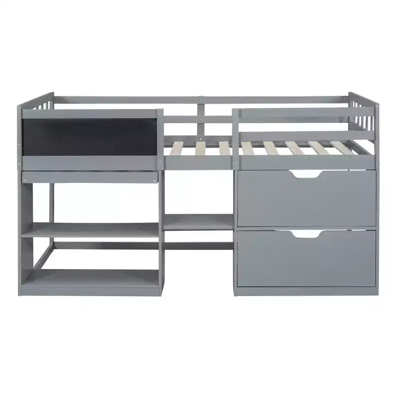 Lit mezzanine bas avec bureau roulant et étagères de rangement, lits superposés en bois de taille double avec 2 tiroirs et tableau noir pour enfants
