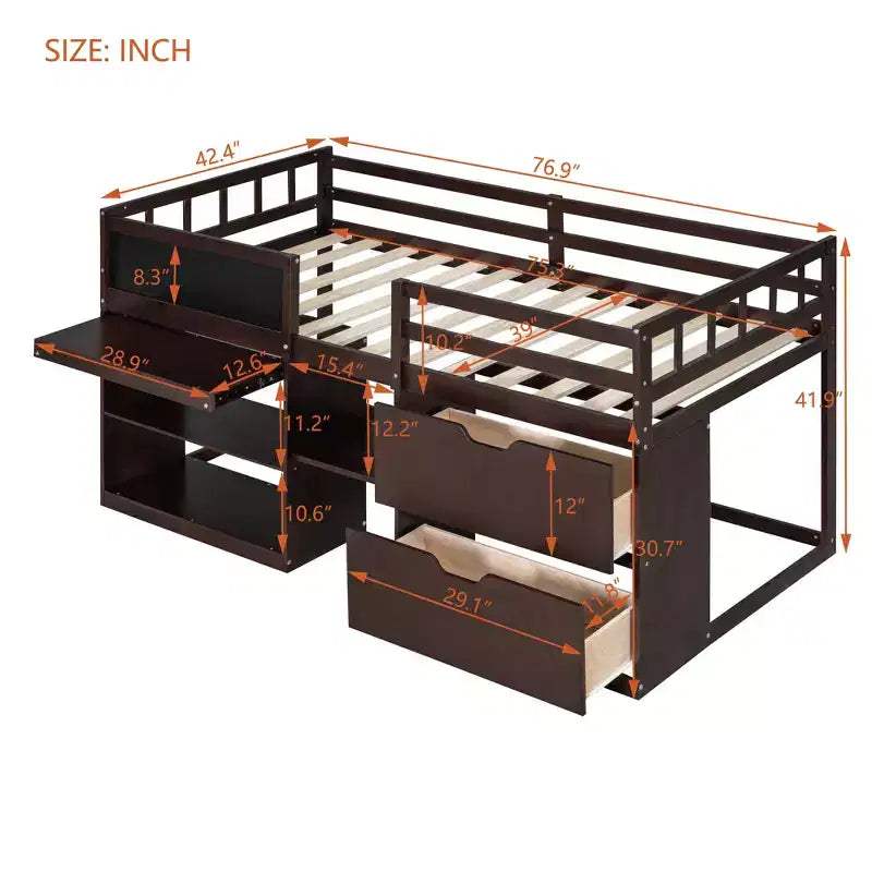 Lit mezzanine bas avec bureau roulant et étagères de rangement, lits superposés en bois de taille double avec 2 tiroirs et tableau noir pour enfants