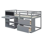 Lit mezzanine bas avec bureau roulant et étagères de rangement, lits superposés en bois de taille double avec 2 tiroirs et tableau noir pour enfants