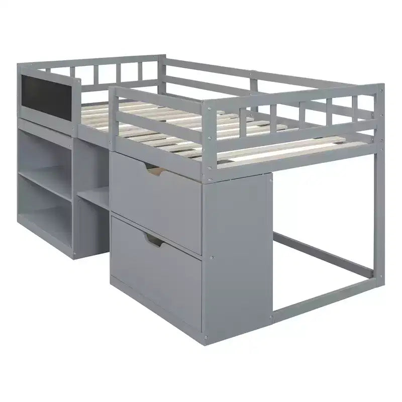 Lit mezzanine bas avec bureau roulant et étagères de rangement, lits superposés en bois de taille double avec 2 tiroirs et tableau noir pour enfants