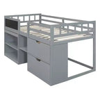 Lit mezzanine bas avec bureau roulant et étagères de rangement, lits superposés en bois de taille double avec 2 tiroirs et tableau noir pour enfants