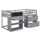 Lit mezzanine bas avec bureau roulant et étagères de rangement, lits superposés en bois de taille double avec 2 tiroirs et tableau noir pour enfants