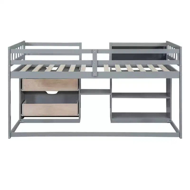 Lit mezzanine bas avec bureau roulant et étagères de rangement, lits superposés en bois de taille double avec 2 tiroirs et tableau noir pour enfants
