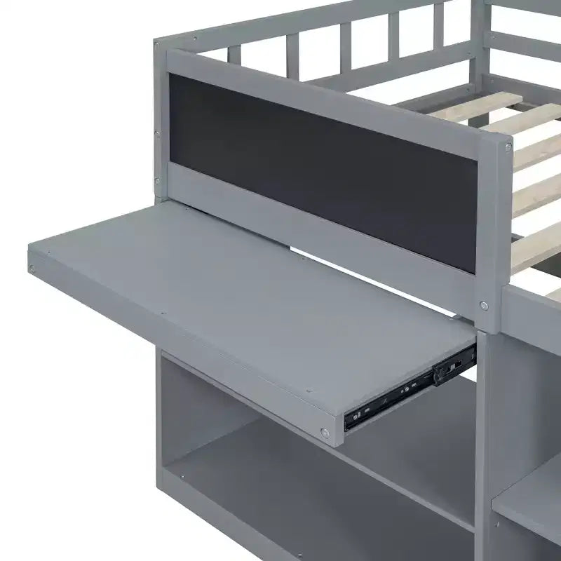 Lit mezzanine bas avec bureau roulant et étagères de rangement, lits superposés en bois de taille double avec 2 tiroirs et tableau noir pour enfants