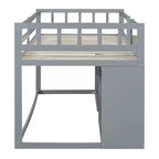 Lit mezzanine bas avec bureau roulant et étagères de rangement, lits superposés en bois de taille double avec 2 tiroirs et tableau noir pour enfants