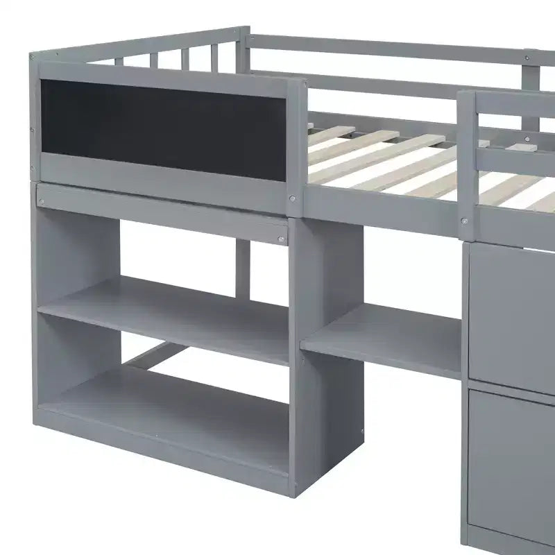 Lit mezzanine bas avec bureau roulant et étagères de rangement, lits superposés en bois de taille double avec 2 tiroirs et tableau noir pour enfants