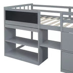 Lit mezzanine bas avec bureau roulant et étagères de rangement, lits superposés en bois de taille double avec 2 tiroirs et tableau noir pour enfants